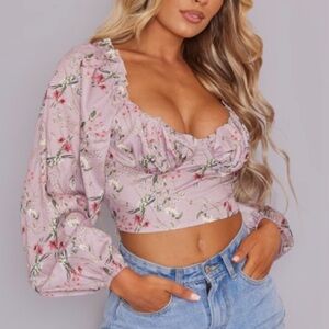 PrettyLittleThing Pink Floral Long Sleeve Crop Top